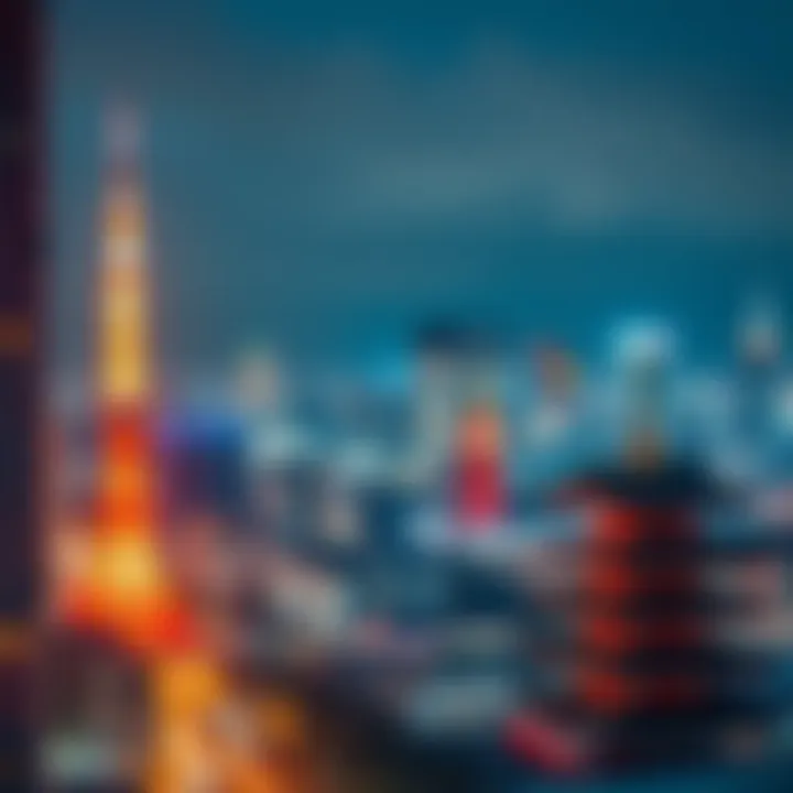 Tokyo skyline illuminated at night with modern skyscrapers and traditional structures like temples.