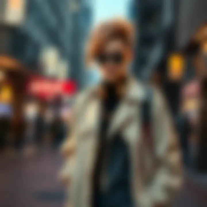 A person wearing tomboyish fumo style, featuring androgynous clothing and bold accessories, standing confidently in an urban setting.