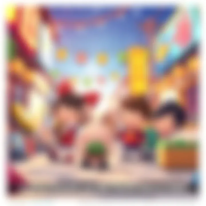 Tomodachi Game Scene Colorful characters engaging in fun activities in a lively game environment