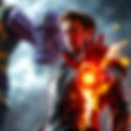 Tony Stark After Thanos's Blow Tony Stark stands strong, recovering from a powerful elbow strike by Thanos, showcasing his resilience and determination.