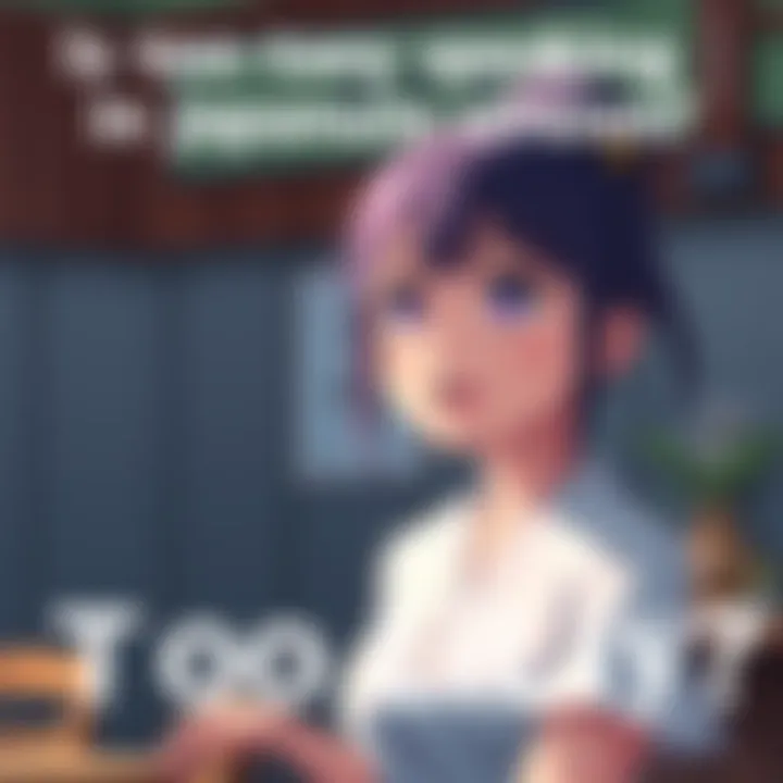 Too Lily speaking animatedly in a scene from the Japanese version, with Greek text visible in the background