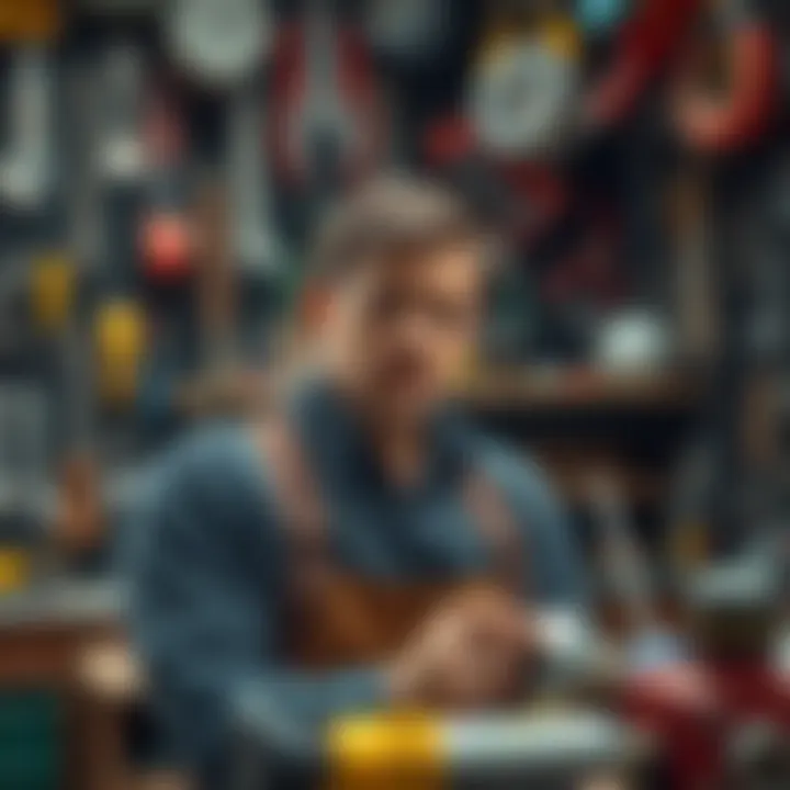 A man in a workshop surrounded by tools, looking contemplative and uncertain, symbolizing reliance on others and past controversies.