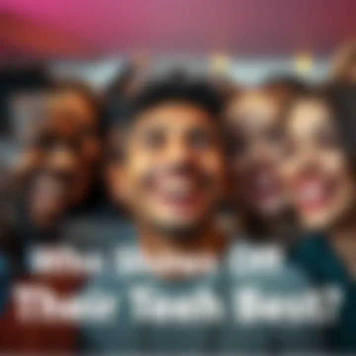 A group of diverse individuals smiling brightly, showcasing their teeth in a fun and competitive atmosphere, capturing the spirit of a tooth flexing contest.