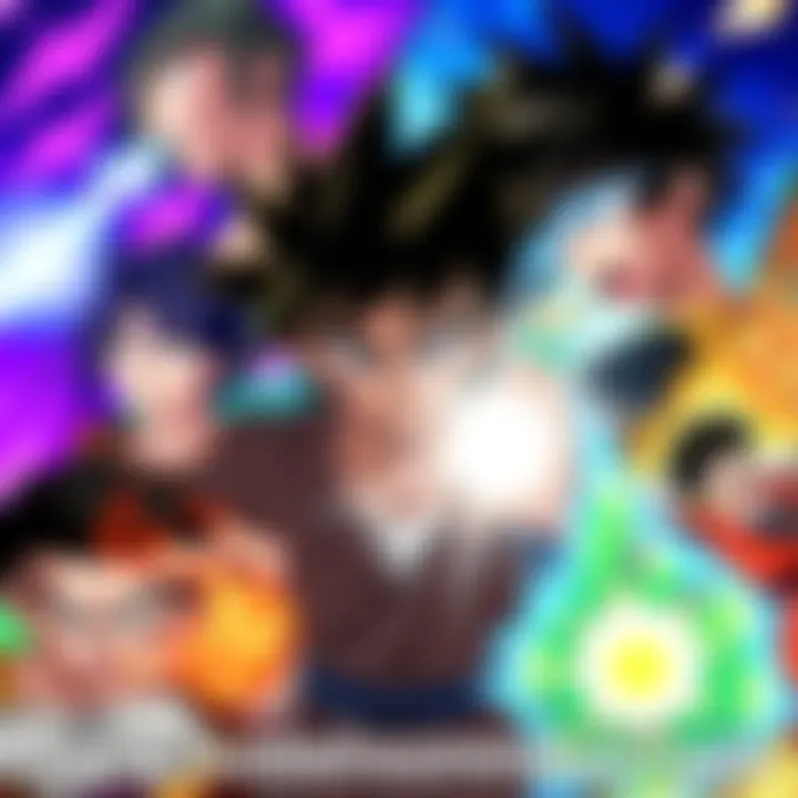 A vibrant collage of popular dubbed anime characters from series like Haikyuu, My Hero Academia, and Dragon Ball Z, showcasing their unique powers and expressions in action scenes.