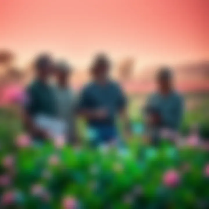 A group of successful aura farmers sharing their strategies and techniques in a field setting.