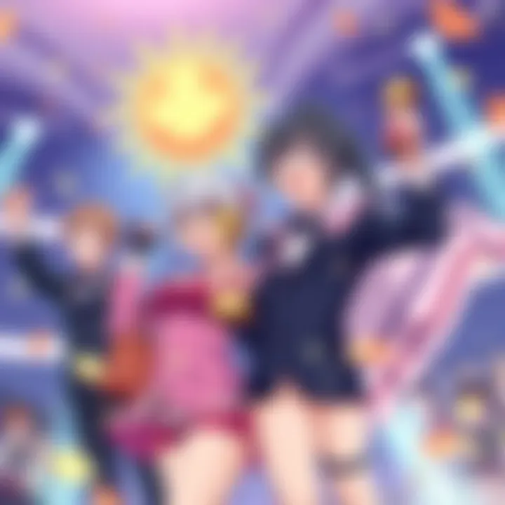 Illustration of popular male and female anime characters celebrating their awards at the 2025 Anime Corner Awards ceremony.