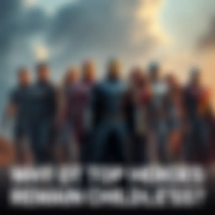 A group of powerful heroes standing together, looking determined but without children or partners around them, reflecting their lack of family connections.