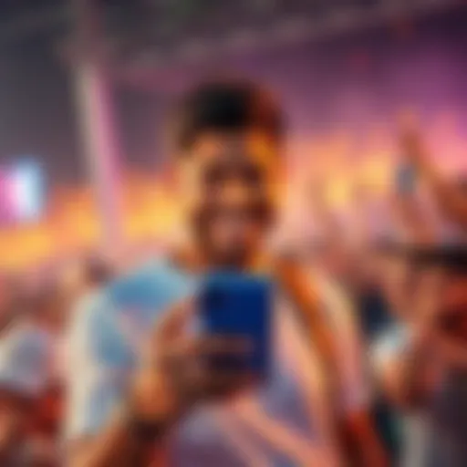 An image of a popular influencer holding a smartphone, with an excited crowd of followers in the background.