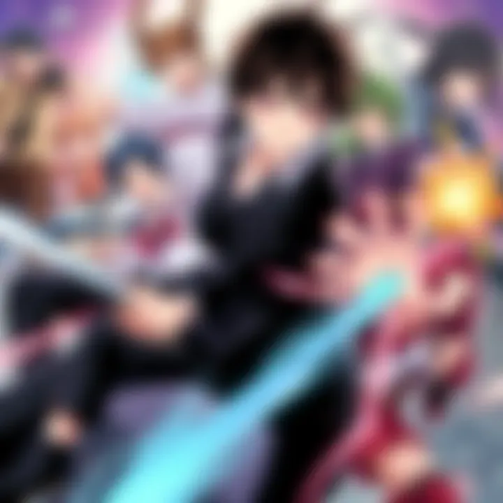 A dynamic collage of popular action anime characters, including notable figures from Death Note and Steins;Gate, showcasing intense action scenes.