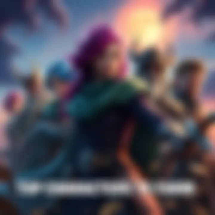 A group of popular game characters including Liz and Merlin with options like Escanor and Brun, set in a fantasy background