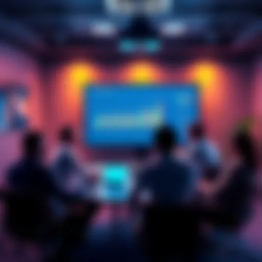 A group of people discussing project milestones and future goals in a meeting room, with charts and graphs on a screen showing progress in the ToP initiative.