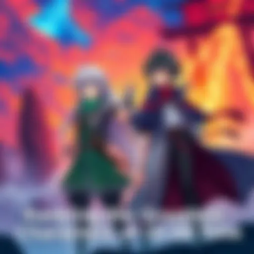 Two popular isekai characters from different anime standing heroically against a vibrant fantasy background.