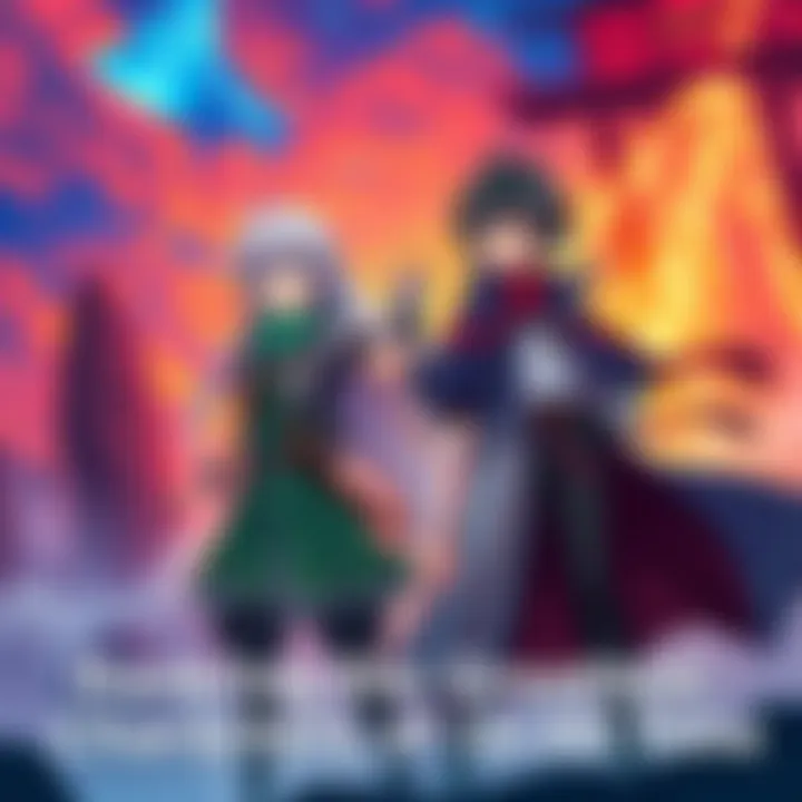 Two popular isekai characters from different anime standing heroically against a vibrant fantasy background.