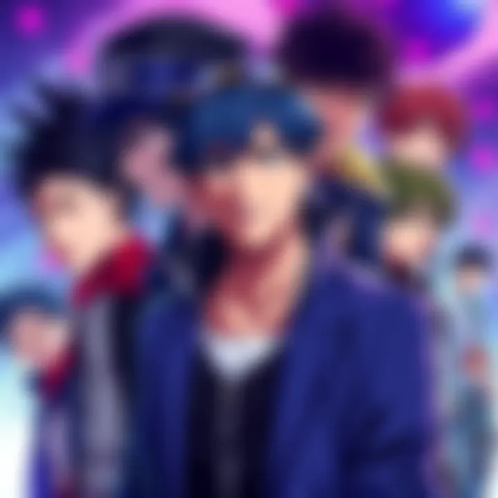 A colorful illustration featuring popular male characters from various anime, showcasing their unique styles and personalities.