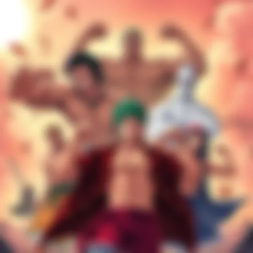 Illustration of five powerful characters showcasing their physical strength, including Garp, Kaido, and Whitebeard, with a backdrop of an intense battle scene.