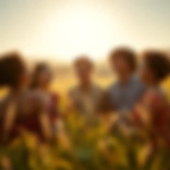 A group of Torumekians gathered in a sunny field, smiling and enjoying each other’s company, symbolizing their happiness and freedom.