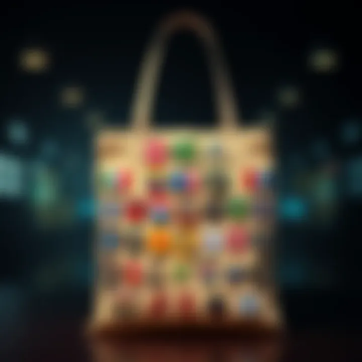 A tote bag displaying 20 unique school pins, each representing different schools, arranged in an eye-catching design.