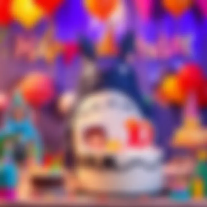 Totoro-themed birthday party setup A colorful birthday setup featuring a handmade Totoro pinata, photo cutouts, and a personalized cake, ready for celebration.