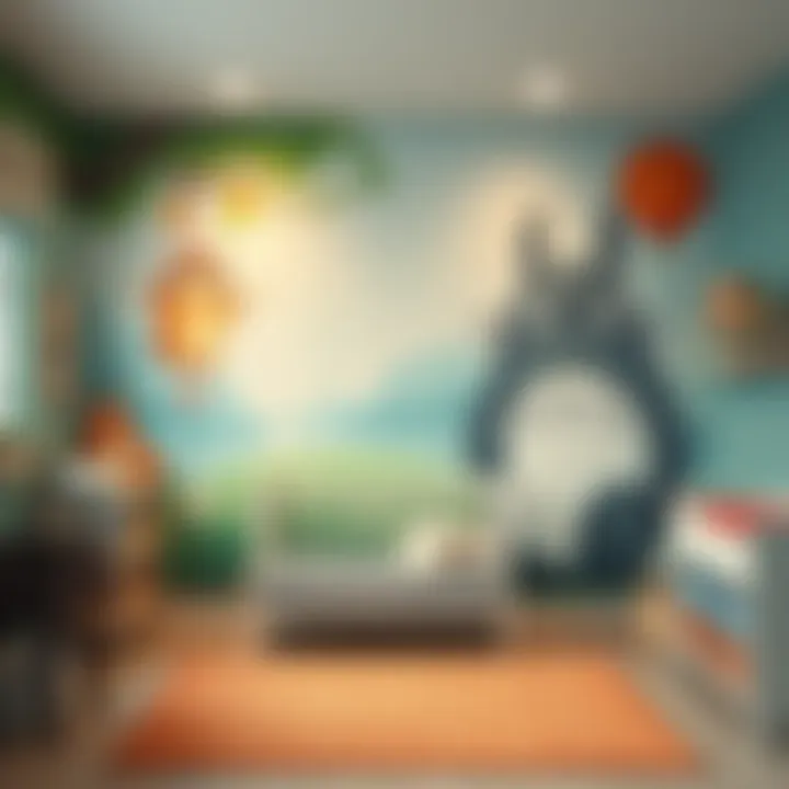 Totoro Mural in Nursery A colorful Totoro mural painted on the wall of a nursery, with cheerful colors and friendly characters