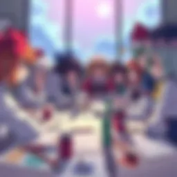 Several Touhou characters gathered around a table filled with sketches and art supplies, discussing creative comic ideas together