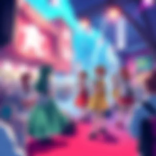 A group of colorful Touhou characters performing music and engaging with fans in a lively environment