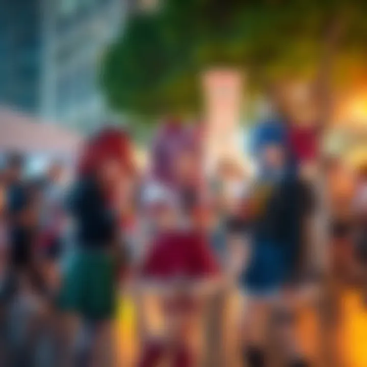 A group of cosplayers dressed as characters from the Touhou game series at an outdoor event, showcasing their vibrant costumes and enjoying drinks.