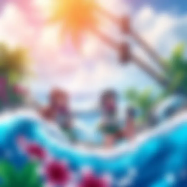 Touhou game characters wearing Hawaiian attire in a lush tropical landscape, surrounded by flowers and ocean waves.