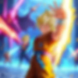 Goku and his team face off against powerful villains from various series in the Tournament of Power, with a dramatic backdrop of fighting arenas and energy blasts.