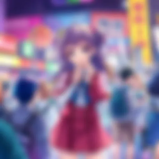 A colorful illustration of Towa-sama, featuring vibrant hair and a captivating outfit, surrounded by fans discussing her in a lively forum setting.