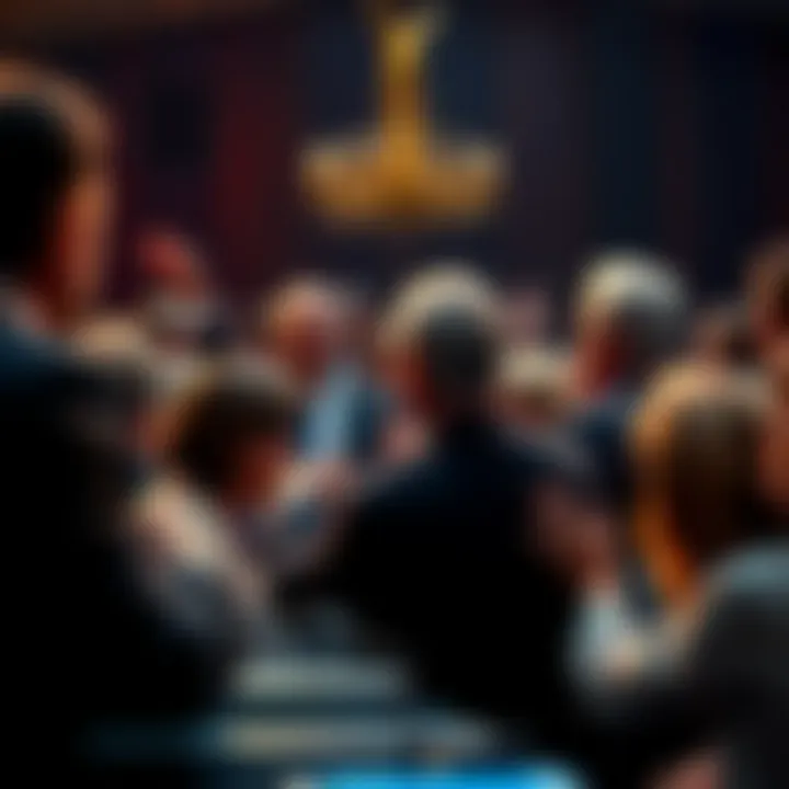 A group of people discussing passionately at a town hall meeting, expressing varied opinions about a political figure's achievements.