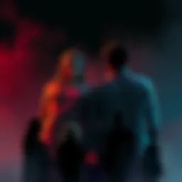 A couple sitting together with a tense atmosphere, reflecting emotional turmoil and conflict, surrounded by shadowy figures representing their impact on others.