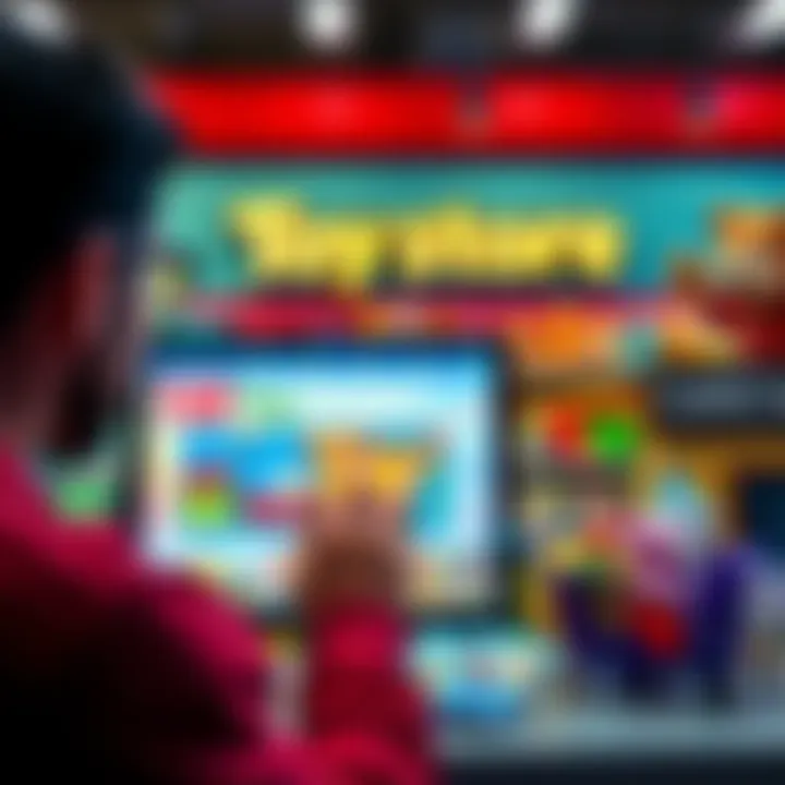 A person browsing online at Big Bad Toy Store, comparing prices with other retailers like Ross, showcasing toy collections on the screen.