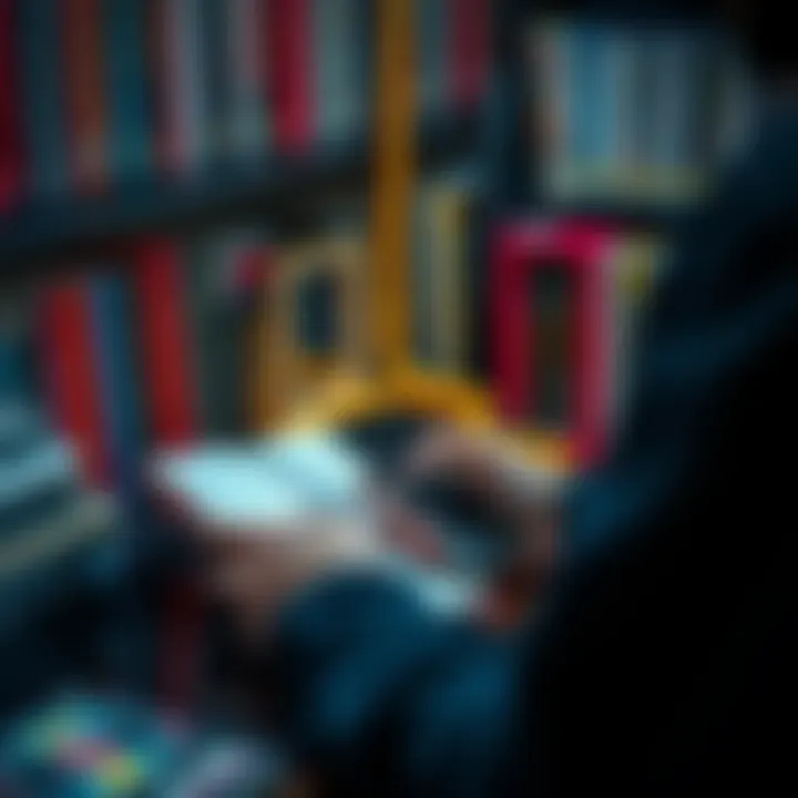 A person organizing physical media like books and DVDs using a notebook and phone app for tracking.