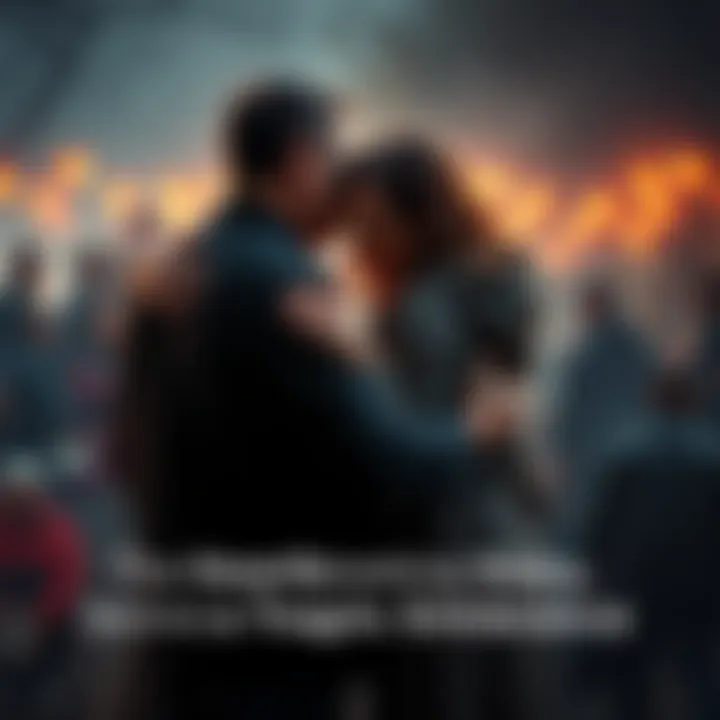 A heartfelt embrace between two people grieving, surrounded by a somber community scene.