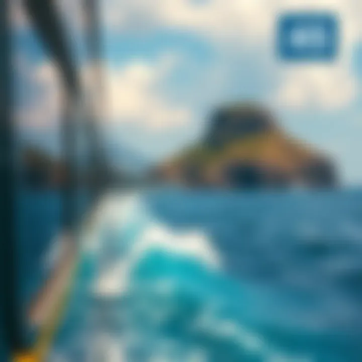 A scenic view of a train traveling alongside Whale Island in Italy with ocean waves splashing nearby.
