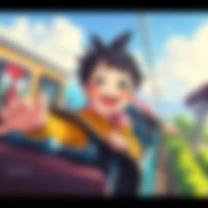 A cheerful character named Shion enjoying a fun train ride with beautiful scenery in the background
