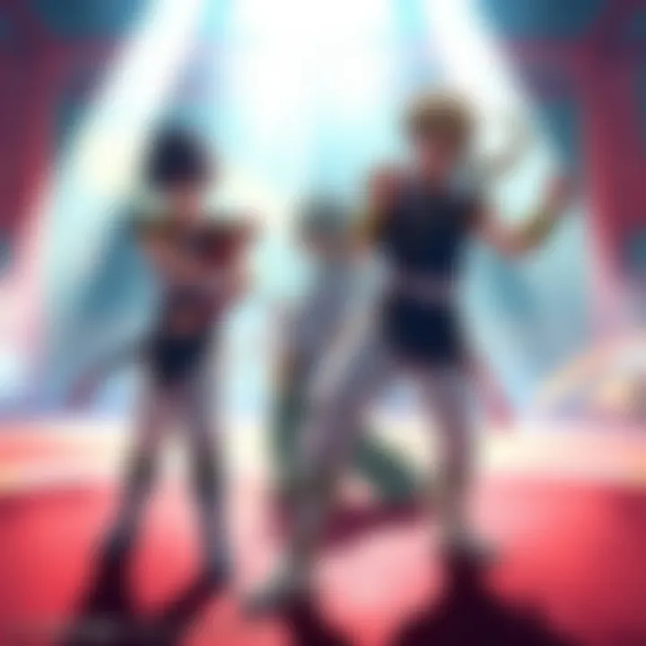 Mariya and her friends practice martial arts moves with Seiya, Shun, and Hyoga in a training arena.