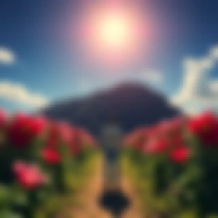 A person standing on a path, surrounded by vibrant flowers symbolizing growth and change, with a bright sky above.