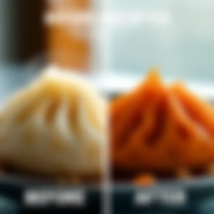 A comparison of Super Ultra Dumplings before and after cooking, showing the appealing presentation and vibrant colors of the finished dish.