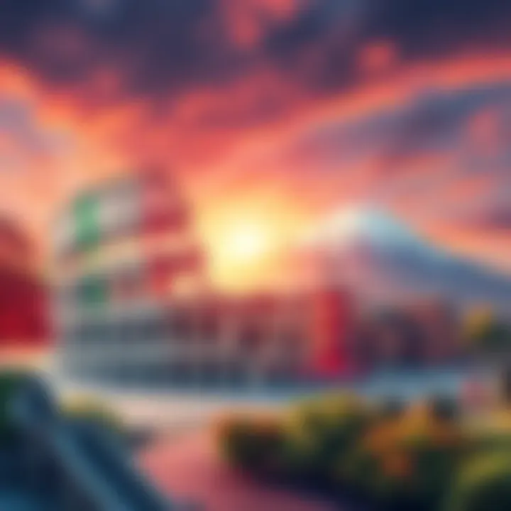 A visual representation of the journey from Italy to Japan, featuring iconic elements from both countries, like the Colosseum and Mount Fuji.
