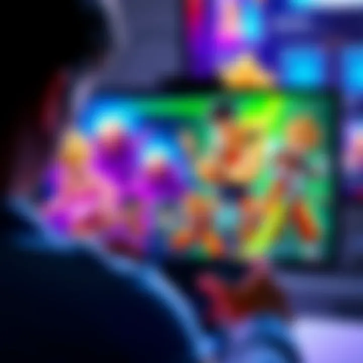 A gamer comparing character pulls from Legends and Dokkan Battle on a screen, with colorful visuals of characters from both games.