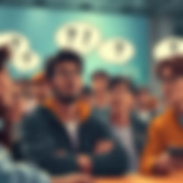 Fans discussing a translation flaw in a colored version, with puzzled expressions and conversation bubbles around them.