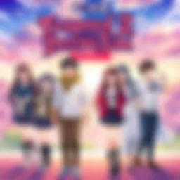 Main characters from Trapped in a Dating Sim standing together with a backdrop of vibrant game scenery, showing excitement for the new season.