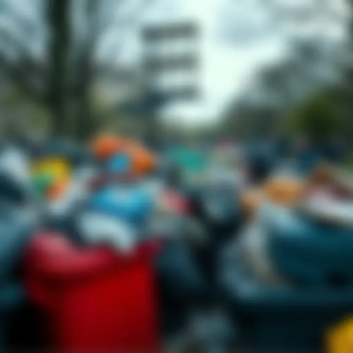 A crowded scene of trash bins overflowing with waste in a park, showing the impact of poor waste management on the environment.