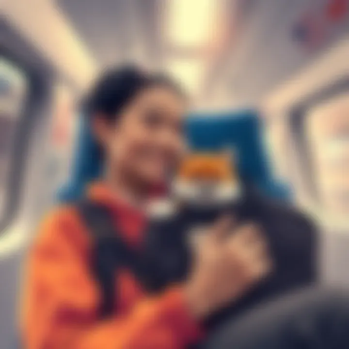 A person smiling while holding a small pet Popo in a travel bag, enjoying a commute.