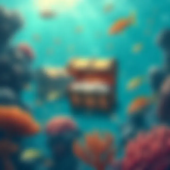 An illustration of treasure chests submerged on the ocean floor surrounded by marine life and coral.