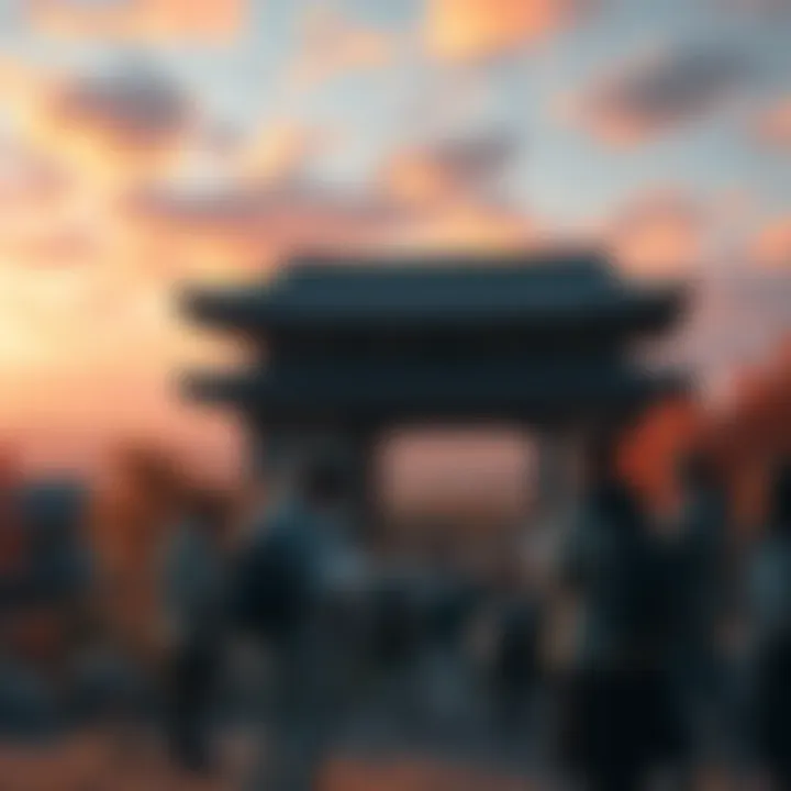 A group of people examining ancient treasure artifacts in a scenic Japanese landscape