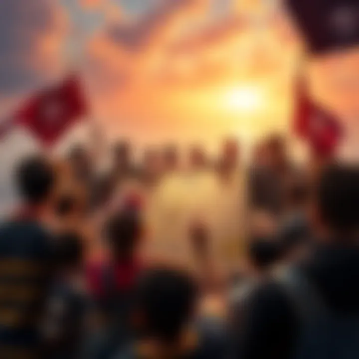 Treasure Hunt for One Piece Fans gather excitedly around a map indicating the location of the One Piece treasure, with pirate flags waving in the background.