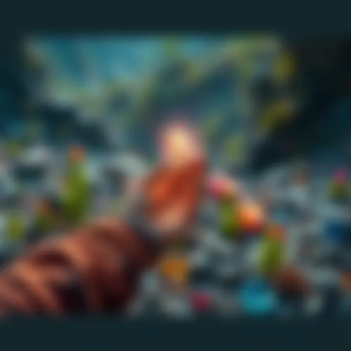 Treasure Hunt Scene A person holding a shiny gem while exploring an outdoor area filled with colorful stones and plants