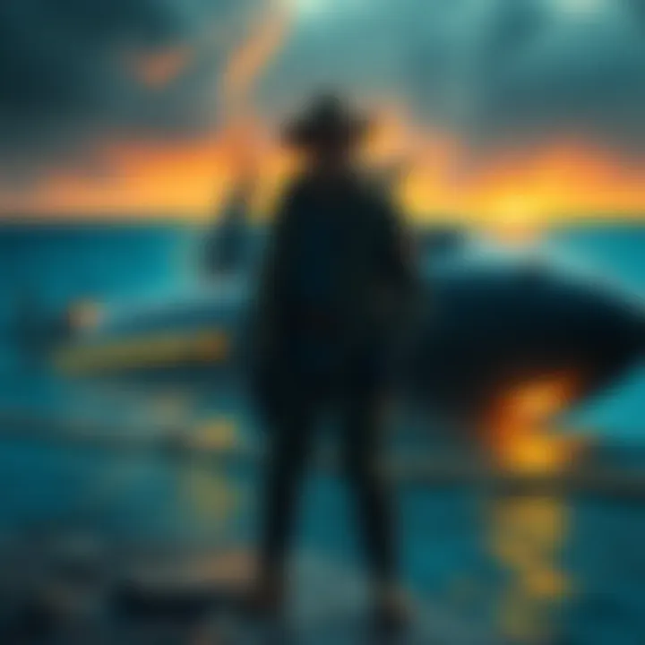 Treasure Hunter with Submarine A treasure hunter stands by a submarine ready for an underwater search for hidden treasure.